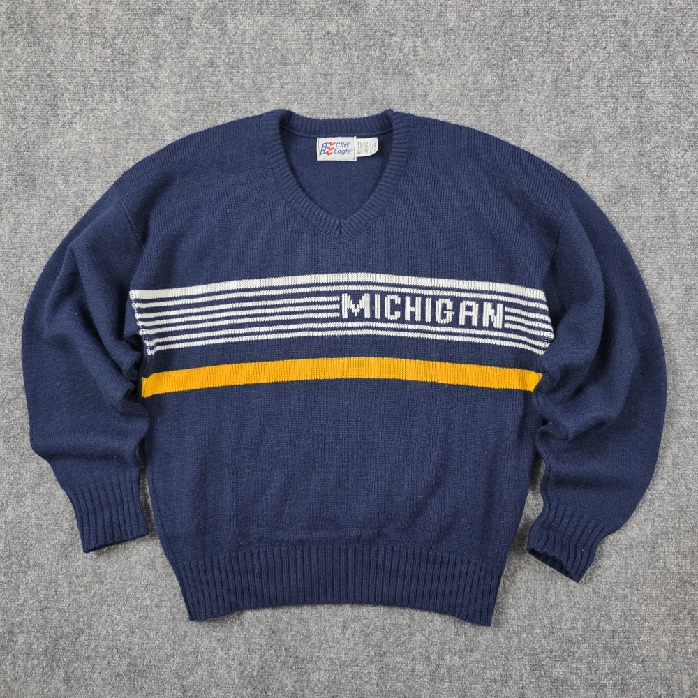 Vtg 80s Michigan Wolverines Cliff Engle Wool Sweater XL Navy